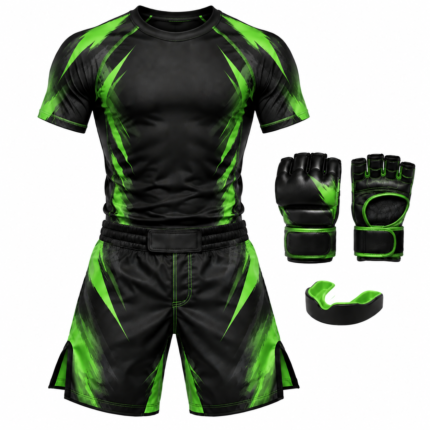 Premium Black & Green MMA Fight Set – Performance Combat Sports Apparel with Gloves & Mouthguard