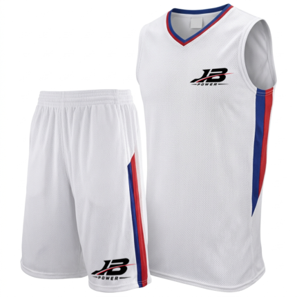 Custom Sublimated Basketball Uniform Set – White Jersey and Shorts with Blue & Red Side Panels